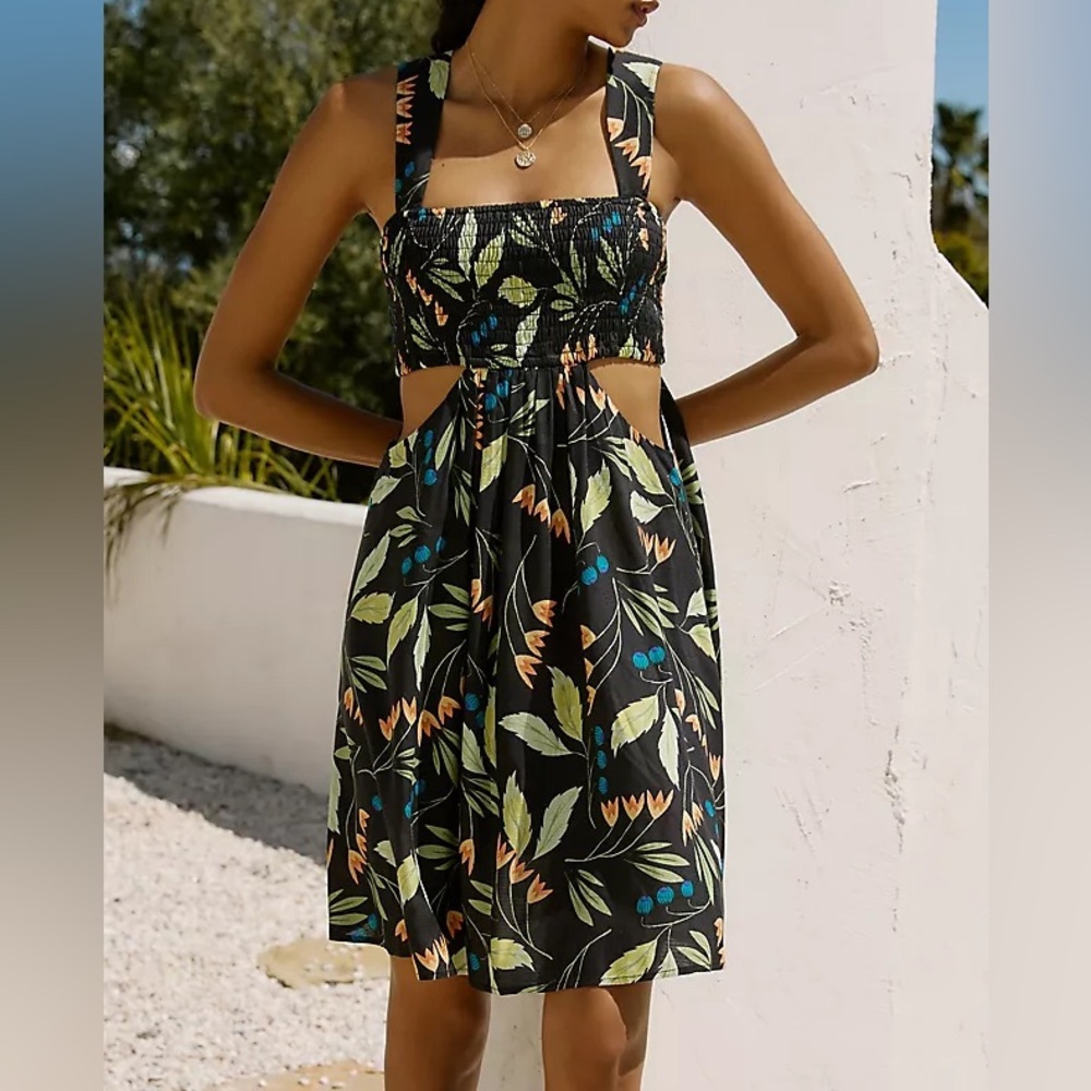 Anthropologie Brenda Quinn Bandeau Cutout Dress Size L Tropical Print Smocked